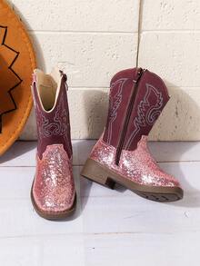 1 Pair Children's Purple Sequin High-Top Square Toe PU Boots, Suitable For Outdoor Sports - Purple - View 5