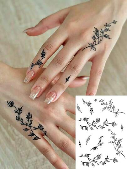 1pc Washable Temporary Tattoo, Y2K Style Black Leaf Hand Tattoo Sticker, Waterproof & Sweat-Proof, Suitable For People Daily Use