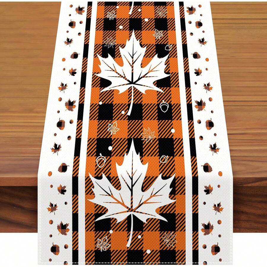 Autumn Buffalo Plaid Autumn Leaf Tablecloth - Thanksgiving Autumn Maple Leaf And Acorn Pattern, Family Gathering, Kitchen, Mantel, Table Decorations