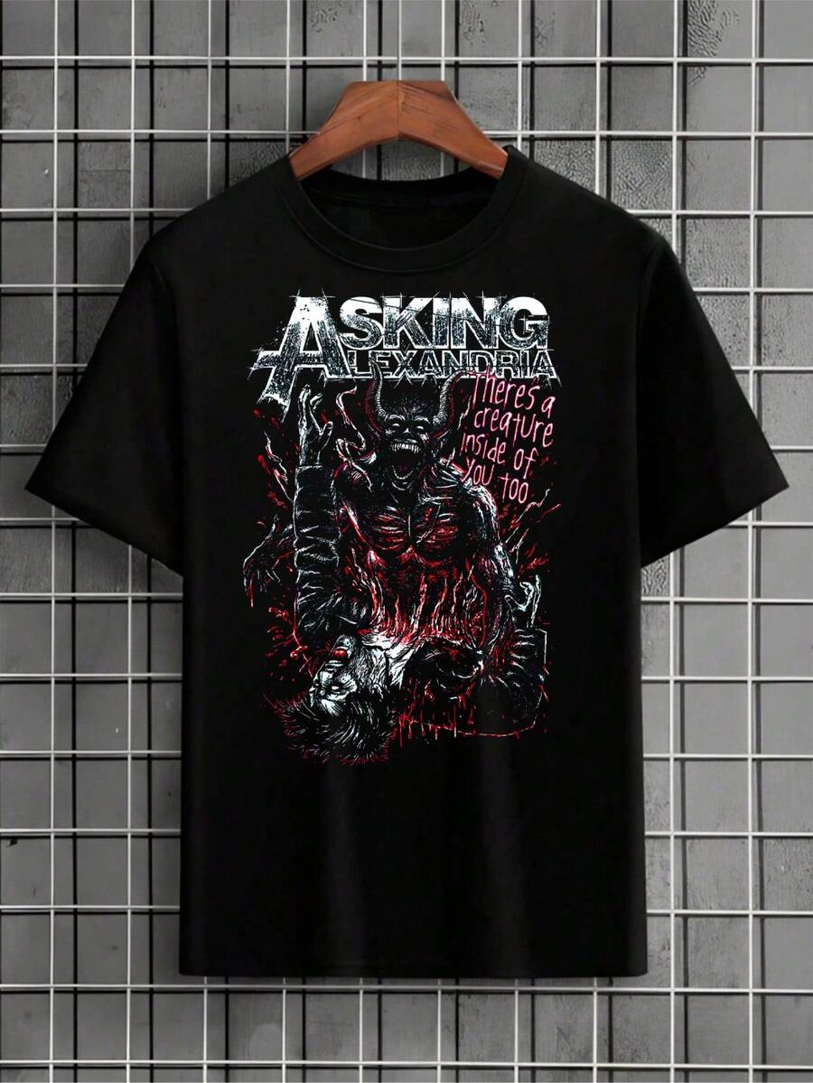 Asking Alexandria T-Shirt, Rock Band, International Music, Demon, Halftone Shirt, Unisex Blouse, Men's And Women's, 100% Cotton, Premium Top Streetwear, New Release, Immediate Shipping, Various Colors!! Plus Size - màu đen - Xem 1