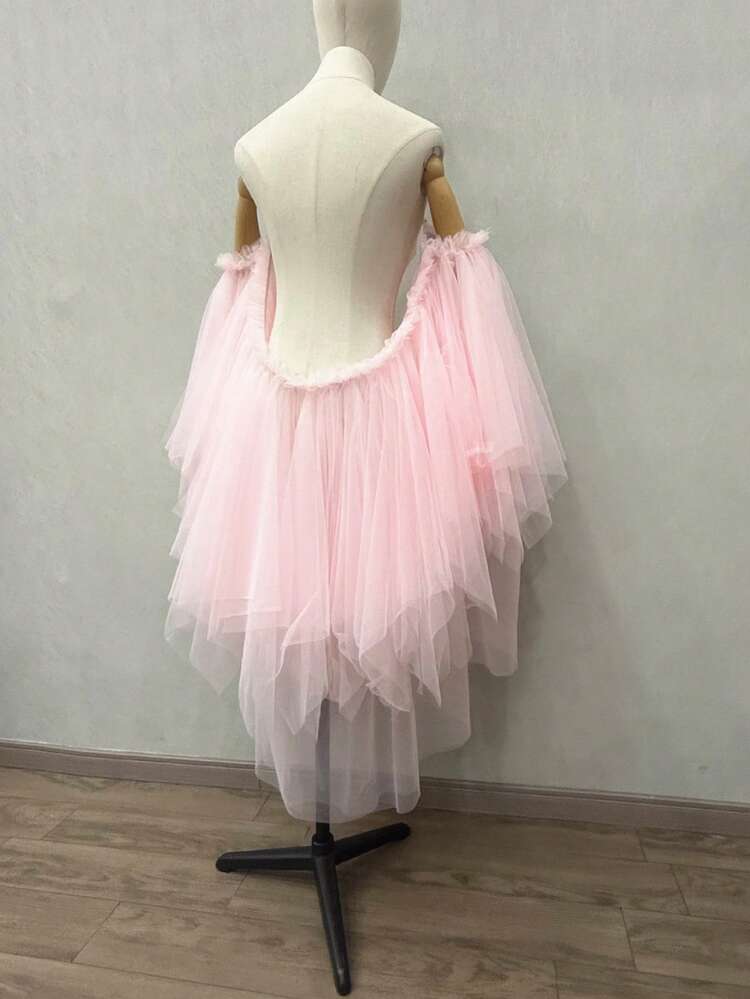 1 件可拆卸多层不对称网眼披肩，夸张泡泡袖斗篷，新娘配饰肩袖秋装女士 - 彩色 - 查看 9