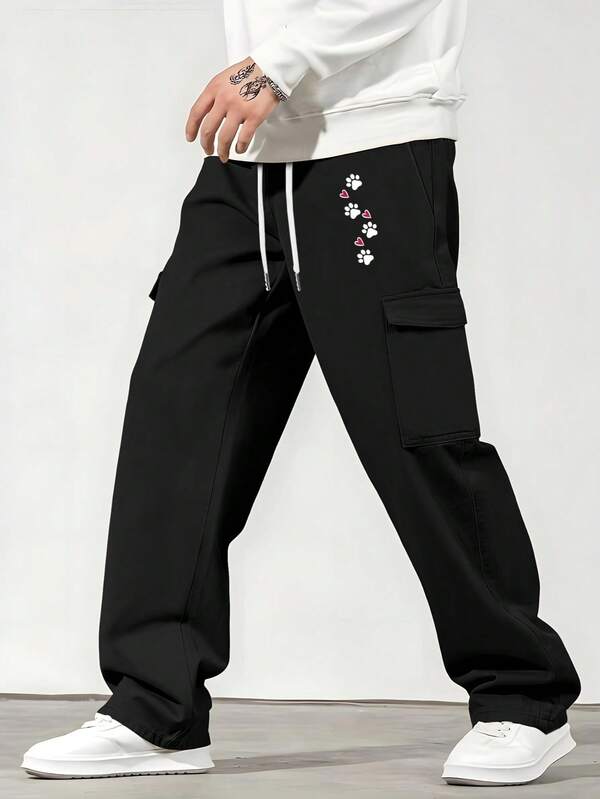 1 pieza Pantalón cargo de talla grande para hombres, pantalón utilitario con estampado gráfico y bolsillos múltiples - Poliéster duradero, pierna recta, ideal para exteriores, senderismo, pesca, viajes, estilo urbano, pantalón versátil negro | Diseño de múltiples bolsillos | Duradero