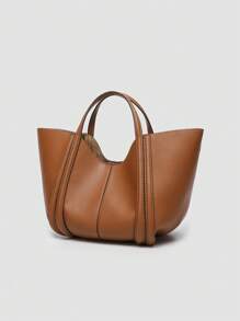 1 件新款纯色 PU 时尚托特包，女士手提包，单肩包，简约通勤多功能大容量手提包，高品质时尚女学生单肩包 - 棕色 - 查看 2