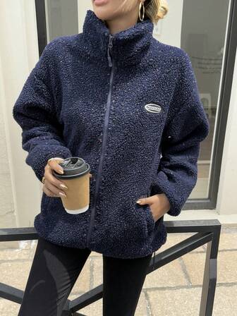 Chaqueta casual suelta para mujer, chaqueta de peluche de un solo artículo con contraste de color y cremallera, versátil para uso casual diario, suave y cómoda, nueva colección de otoño/invierno