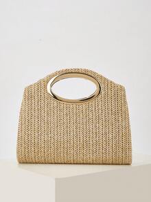 AIBBYDAR 卡其色时尚编织手提包，女士百搭单肩包，适合度假、海滩、商务通勤、休闲、简约等各种场合。 - 卡其色 - 查看 3