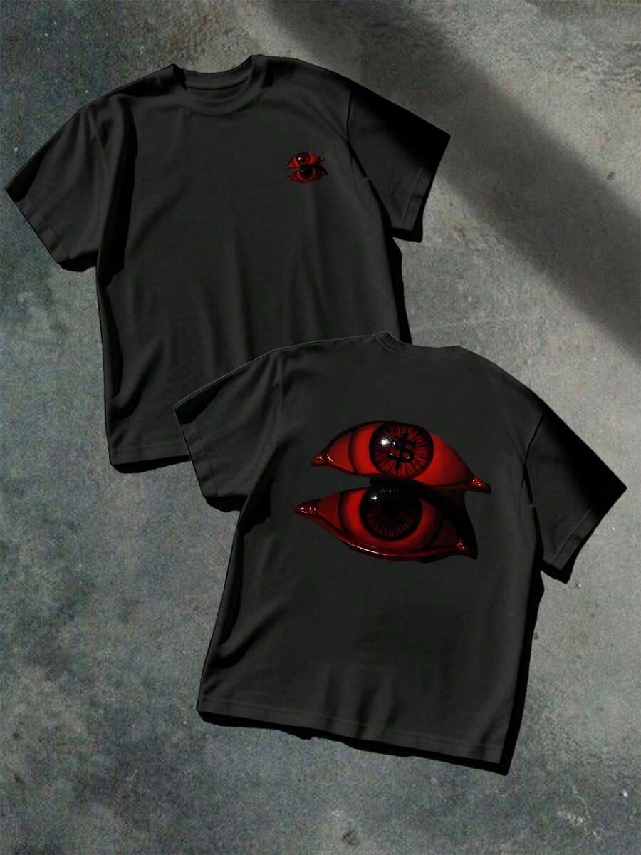 Graphic Tee Casual T Shirt Double Printed Red Eyes Dollar Sign 100% Cotton - 黑色 - 查看 1