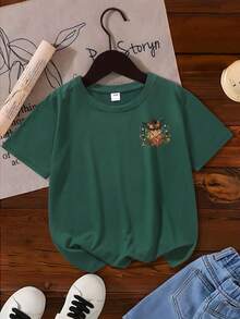 Tween Girl's Cartoon Girl And Horses Print Round Neck Short Sleeve Tee Spring And Summer Casual T Shirt For Kids