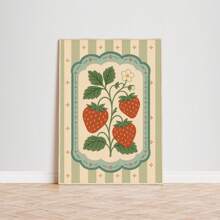 1pc Frameless Vintage Strawberry Wall Art Folk Fruit Poster With Sage Stripe, Rustic Kitchen Decor Print For Bedroom & Dorm | Botanical Posters, Back To School, Retro Room Decor, Funky Farmhouse Aesthetic - Multicolor - View 3