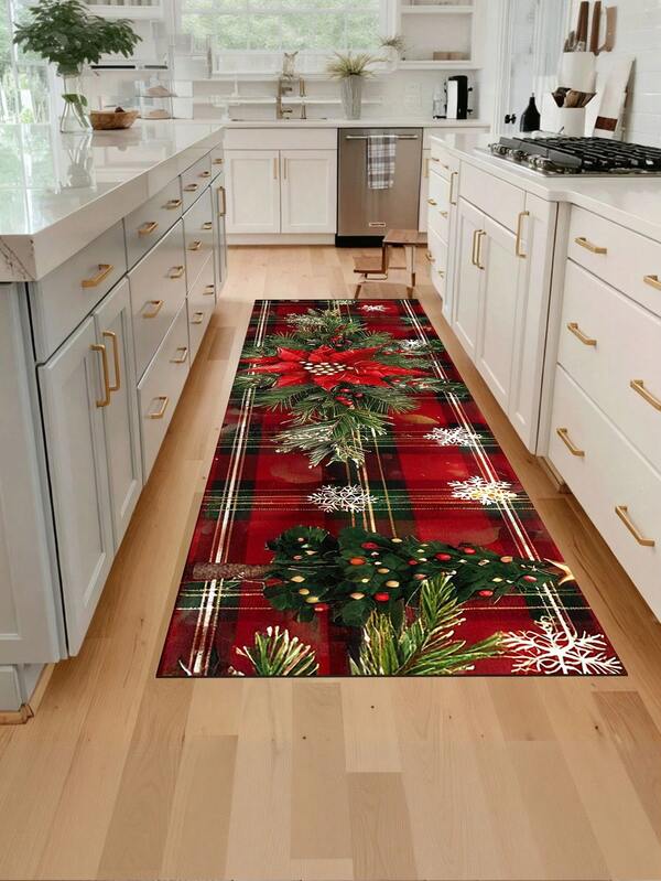 1 pezzo Tappeto da cucina rosso festivo natalizio, tappeto da corridoio con motivo a scacchi natalizio, decorazione natalizia, zerbino lavabile per feste natalizie con retro antiscivolo, in morbido peluche, tessuto in poliestere, tappeto decorativo natalizio e per feste in casa - Tappeto Buon Natale adatto per soggiorno, sala da pranzo, cucina, zona lavello, ingresso interno