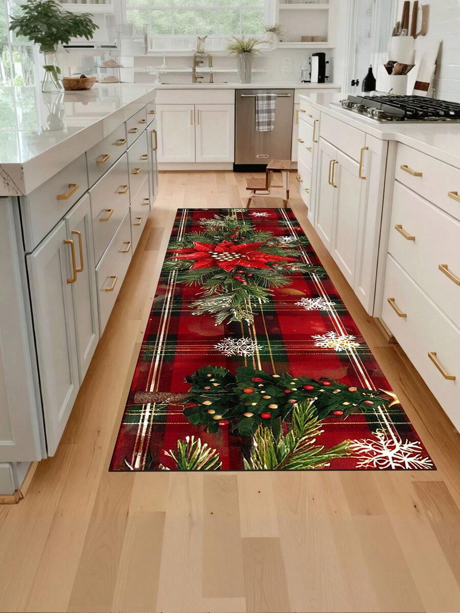 1 pezzo Tappeto da cucina natalizio rosso festivo, tappeto da cucina per le vacanze natalizie, tappeto per corridoio con motivo scozzese natalizio, decorazione natalizia, zerbino lavabile per feste natalizie, con retro antiscivolo, in peluche corto, tessitura annodato, in poliestere, per feste natalizie, tappeto/tappetino decorativo natalizio per interni - Tappeto Buon Natale, adatto per soggiorno, sala da pranzo, cucina, zona lavello, ingresso interno
