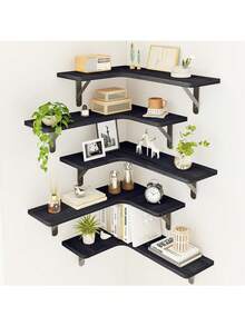 Corner Floating Shelves, Wall Mounted Corner Shelf Set Of 5, Rustic Wood Wall Shelves For Bathroom, Kitchen, Bedroom Or Living Room (Carbonized Black),Corner Floating Shelves, Rustic Wood Wall Shelves For Bathroom, Kitchen, Bedroom Or Living Room (Dark Carbonized Black) Bathroom Accessories - Black - View 12