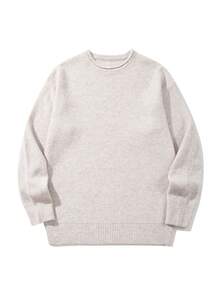 Autumn Back To School Men's Loose Fit Solid Color Minimalist Unisex Round Neck Pullover Long Sleeve Knit Sweater Top - Grey - View 6