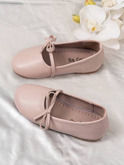 1 par de zapatos planos casuales de punta redonda, de unicolor, con decoración de lazo de PU, suaves y cómodos, simples y de moda para uso en exteriores, escuela, actuaciones, todo el año para niñas
