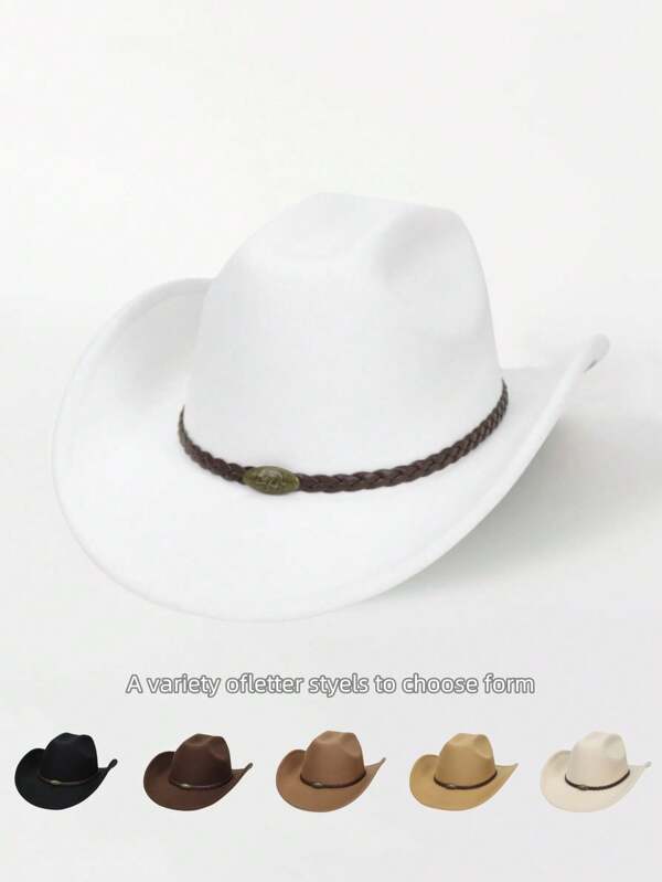 Um chapéu de cowboy com decoração de pérolas e decoração de cinto, chapéu de jazz casual unissex, chapéu fedora de lã vintage, chapéu de palco feminino, chapéu de noiva de casamento, chapéu de jazz com borda enrolada, várias cores disponíveis para o Halloween