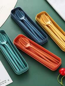 莫兰迪风格北欧餐具四件套，含筷子、勺子、刀叉，并配有便携式餐具和盒子，适合学生、旅行和厨房、开学季 - 彩色 - 查看 6