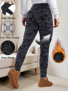 Autumn Winter Thickened Women's Casual Black Thermal Lined Leggings, Soft, Warm Comfortable Stretch Legging, Fitness Sports Training Casual Pants, Home Practice Squats, Hip-Lifting Yoga Pant Outdoor Play, Vacation, Walking, ShoPping, Fashion ONine-Point Pants - Black - View 2