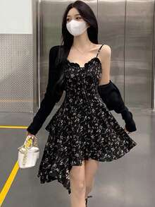 女式休闲度假风格碎花不对称下摆吊带背心迷你连衣裙，夏季 - 紫色 - 查看 4