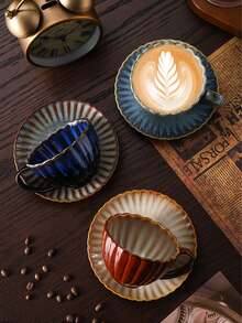 1 件日式复古裂纹陶瓷咖啡杯碟套装，创意拿铁艺术杯，早餐杯，适合家用 - 彩色 - 查看 1