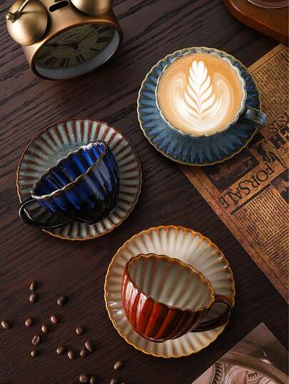 1pc Japanese Retro Crackle Ceramic Coffee Cup & Saucer Set, Creative Latte Art Mug, Breakfast Cup For Home Use