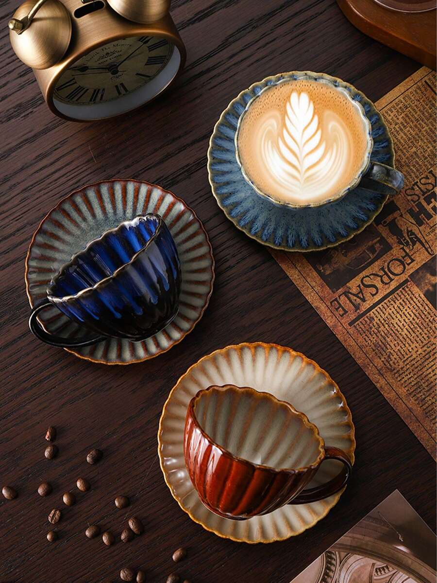 1 件日式复古裂纹陶瓷咖啡杯碟套装，创意拿铁艺术杯，早餐杯，适合家用 - 彩色 - 查看 1