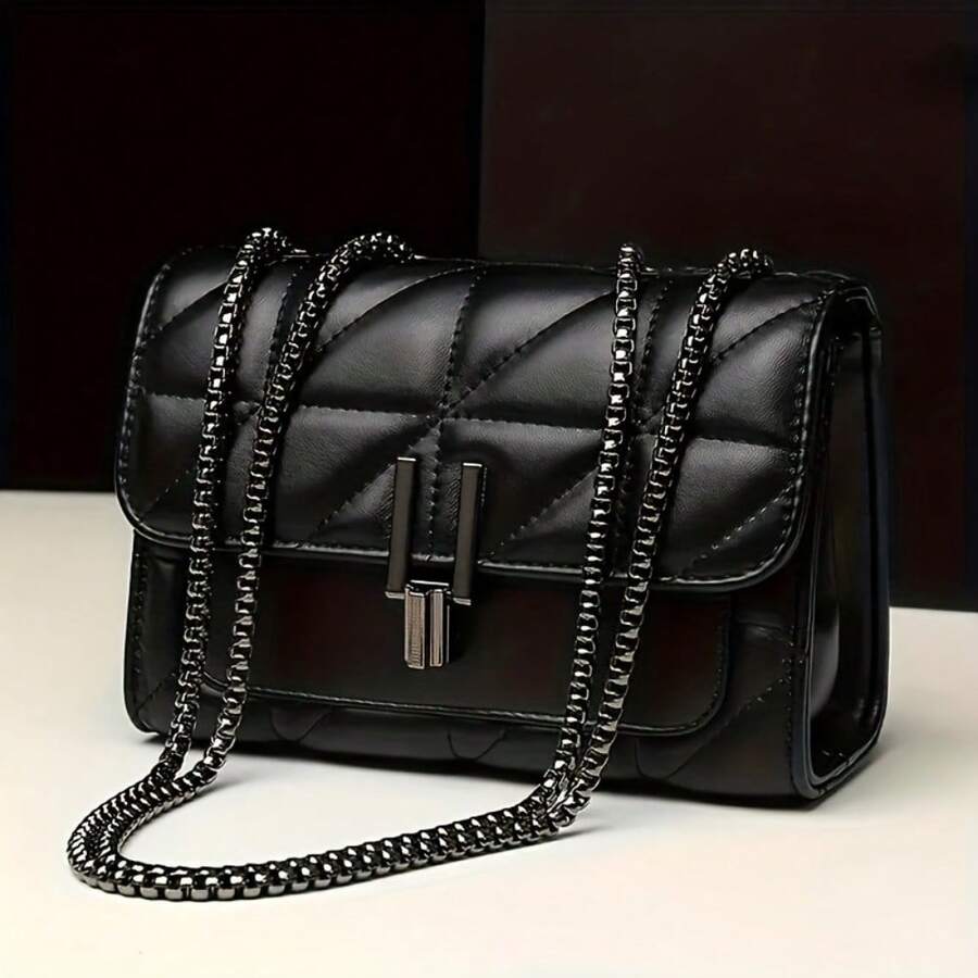 LEATVOOK Elegant Black Quilted Crossbody Bag For Women With Golden-Tone Clasp & Metal Chain Strap - Lightweight Shoulder Purse, Adjustable Strap, Polyester Lined, Urban Fashion Accessory, Versatile Shoulder Bag | Quilted Design | Purse, Small Crossbody Bag, Best Valentine's Day Gifts. - 黑色 - 查看 1