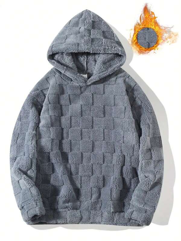 Men's Fleece Embroidered Los Angeles Hoodie Casual Solid Color With Textured, Double-Sided Plaid Jacquard Design, Comfortable Long Sleeve Winter Sweatshirt, Suitable For Daily Wear And Commuting , Fall