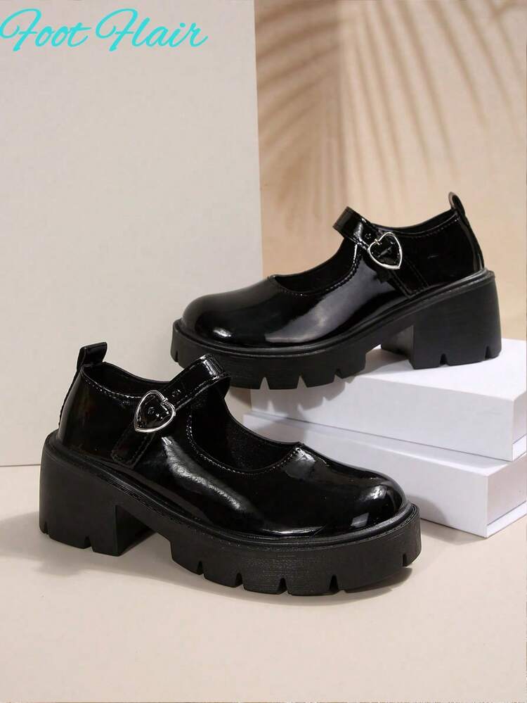 Foot Flair 女款（尺码偏小）玛丽珍厚底粗跟踝带Y2K哥特洛丽塔牛津经典舒适校服正装鞋 - 黑色 - 查看 6