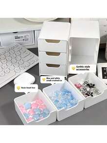 1 pieza Caja de almacenamiento de escritorio mini con 3 compartimentos, organizador de joyería, lápiz labial y cosméticos, caja de almacenamiento de cajones de 3 capas simple, caja de almacenamiento de sobremesa