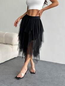 Ombre Asymmetrical Mesh Tulle Skirt, Midi Length Flared Skirt, Spring/Summer - Black - View 2
