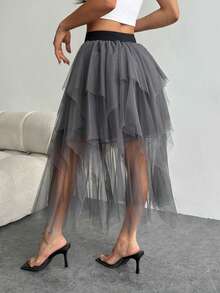 Ombre Asymmetrical Mesh Tulle Skirt, New Spring/Summer Midi Flare Skirt, Fairy Style Skirt - Dark Grey - View 2
