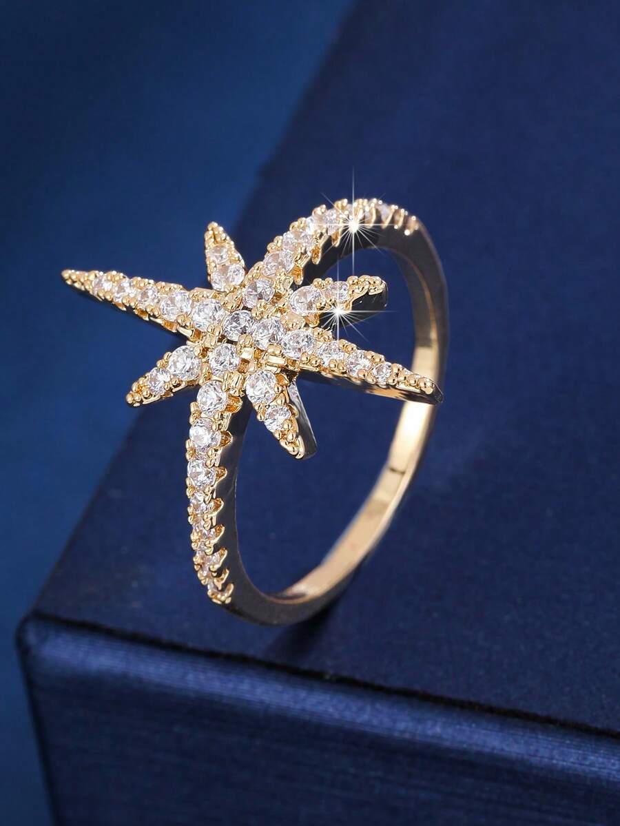 1pc Fashionable Cubic Zirconia 8-Pointed Star Decor Ring, Suitable For Women's Daily Wear - Gold - View 1
