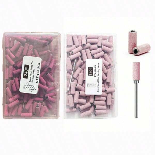 100pcs/Box Seamless Sanding Bands Kit: Pink Small Mini Nail Art Grinding Sanding Bands With Bit, Electric Grinding Machine Nail Grinding Head, Nail Removal Sand Bands, Nail Grinding Tool #180/#240