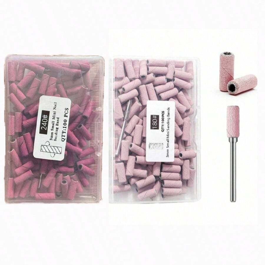 100pcs/Box Seamless Sanding Bands Kit: Pink Small Mini Nail Art Grinding Sanding Bands With Bit, Electric Grinding Machine Nail Grinding Head, Nail Removal Sand Bands, Nail Grinding Tool #180/#240 - Pink - View 1