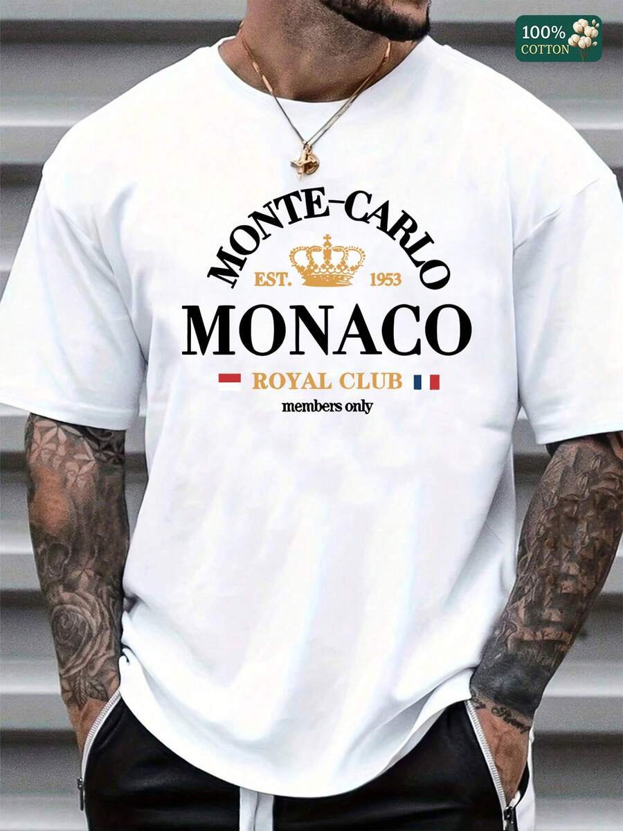 100% Cotton Unisex Round Neck Short - Sleeve T - Shirt Featuring Monte - Carlo Monaco Royal Club Graphic, Basic Tee For Men, Round Neck Short - Sleeve T - Shirts, Basic Tees, And Graphic Crop Tops Are Summer Men's Tops. - 白色 - 查看 1