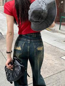 女式直筒牛仔裤，后袋做旧设计，全长 - 藍色 - 查看 5