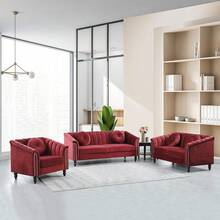 Luxurious Velvet Modern Chesterfield Settee Sofa Upholstered Rolled Arm With Rivets/2 Button Tufted Pillow, Contemporary Microfiber Fabric Couch Set For Living Room.Red-3pcs(Chair + Loveseat + Sofa) - Red-3pcs(chair + Loveseat + Sofa) - View 2