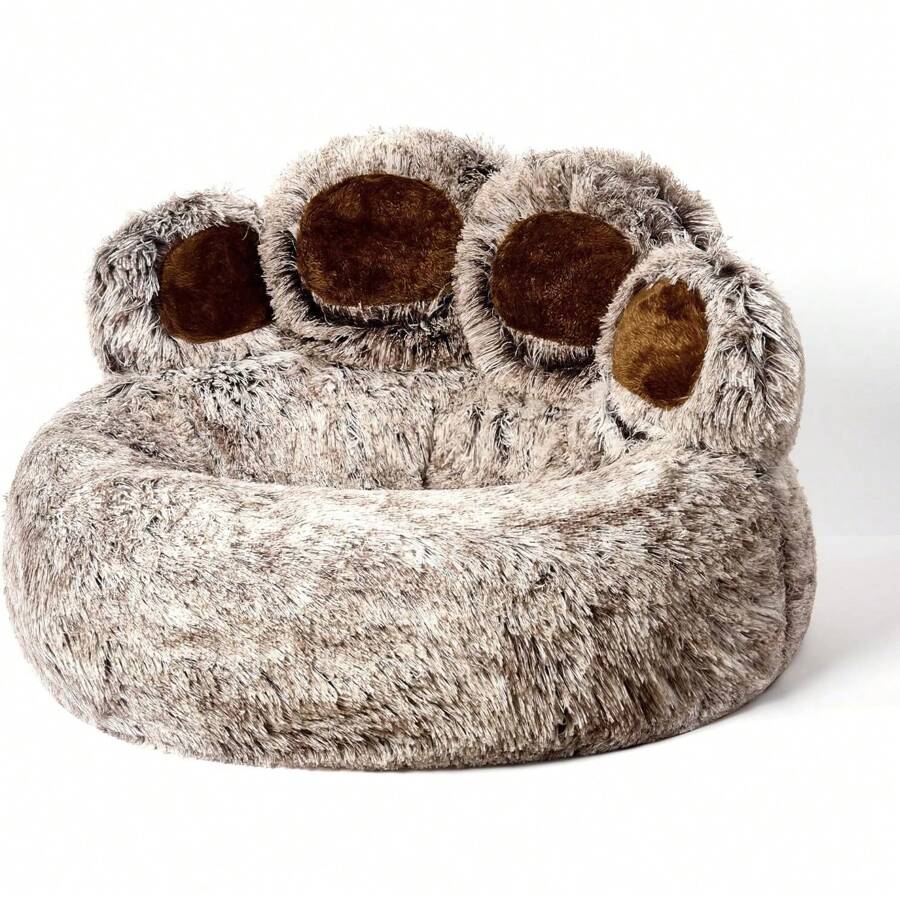 Paw Shape Calming Pet Bed, Plush Faux Fur Donut Bed For Dogs & Cats,  Washable, Non-Slip Bottom, Large Size (26"*26"*8"), Gray - Pet Sofa