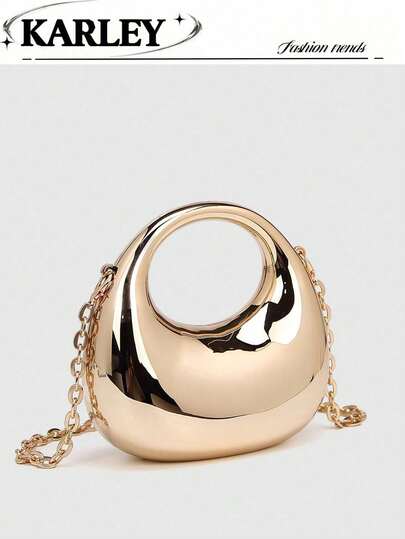 1pc New Avant-Garde Metallic Mirror Acrylic Crescent Moon Box, Mini Clutch, Handbag With Metallic Silver & Gold Crescent Design, Fashion Versatile With Metal Chain Shoulder/Crossbody Bag, Lipstick, Earphone Case, Evening Handbag, Cosmetic Gift Box For Women