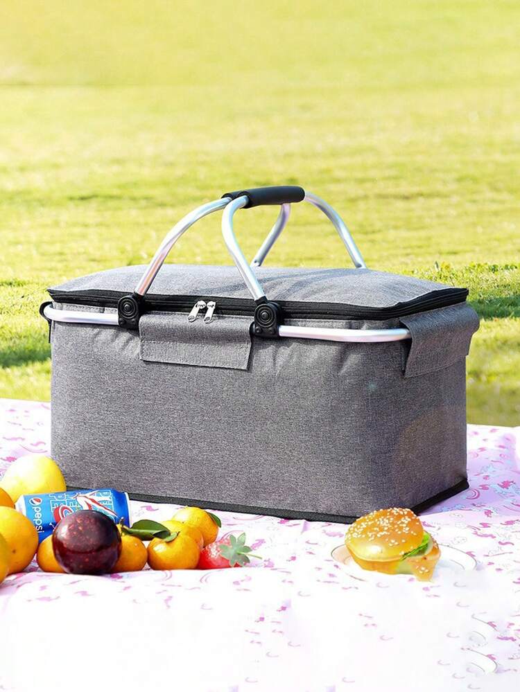 1 件便携式隔热冷藏篮 - 灰色牛津布，双拉链开合，耐用手柄，适合水果和蔬菜，非常适合野餐、烧烤和户外聚会，野餐篮 | 坚固的手柄篮 | 隔热冷藏篮，野餐篮 - 彩色 - 查看 5