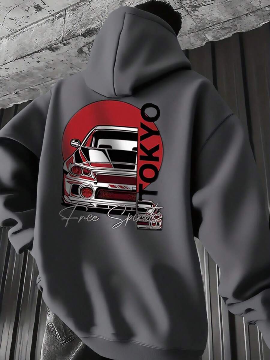 Męska bluza z kapturem w swobodnym stylu, nadruk gwiazd i sloganów, kieszeń, ściągacz, odpowiednia na wiosnę i jesień, na powrót do szkoły - Ciemnoszary - Zobacz 1