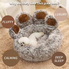 Paw Shape Calming Pet Bed, Plush Faux Fur Donut Bed For Dogs & Cats,  Washable, Non-Slip Bottom, Large Size (26"*26"*8"), Gray - Pet Sofa