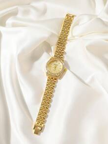 1pc CARYINO Women's Stainless Steel Strap Watch, Dual-Tone Classic Business Style With Embedded Rhinestones Quartz Watch, Suitable For Daily Wear - Gold - View 3