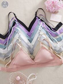 7PCS Women's Simple Casual Rib Solid Color Bra, Soft, Breathable, Wireless, Comfortable At Home Style Bra Underwear. - Multicolor - View 2