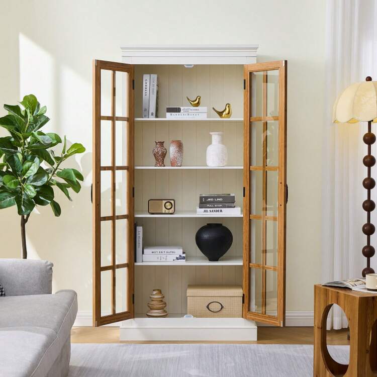 71.2'' Freestanding Pantry Cabinet With Glass Door, Farmhouse Display Cabinets With Adjustable Shelevs, Curio Cabinet With Lattice Window For Hallways, Livingroom Kitchen & Office, White & Brown    RR - Brown + Cream White - View 6