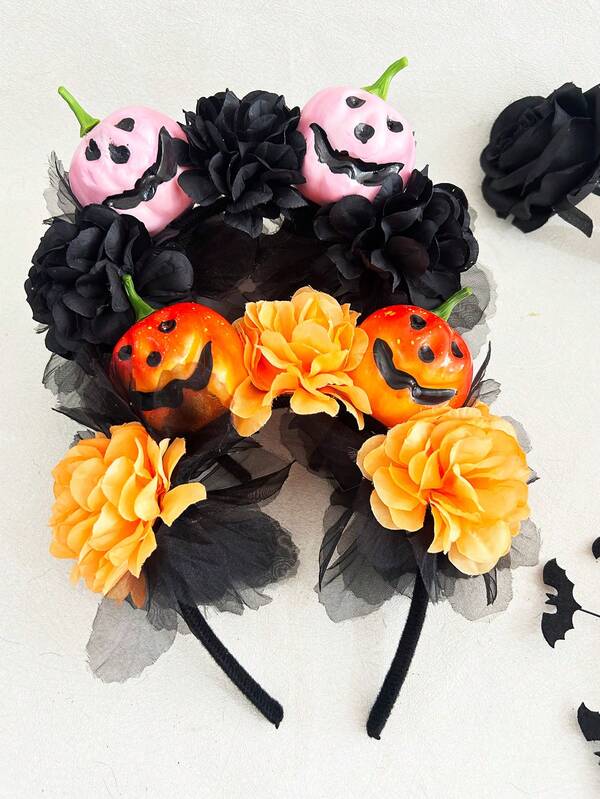 1 pezzo Fascia per capelli da donna per Ognissanti, con fiore di crisantemo nero e zucca, stile casual vintage e sexy, accessorio per capelli, cerchietto, fascia per capelli da donna, accessorio di bellezza per la casa, regalo, essenziale per costumi di Ognissanti e vacanze