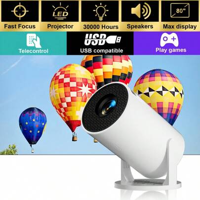 便携式投影仪，适用于迷你投影仪，紧凑型家庭影院体验，非常适合游戏、学习、办公室电影，兼容电脑、手机、电视棒，可使用 30,000 小时。