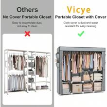 170cm Wide, Large-Capacity Portable Fabric Wardrobe With 4 Shelves, 4 Hanging Rods, And A Lid. Sturdy, Freestanding Bedroom Wardrobe In Black. - 灰色 - 查看 7