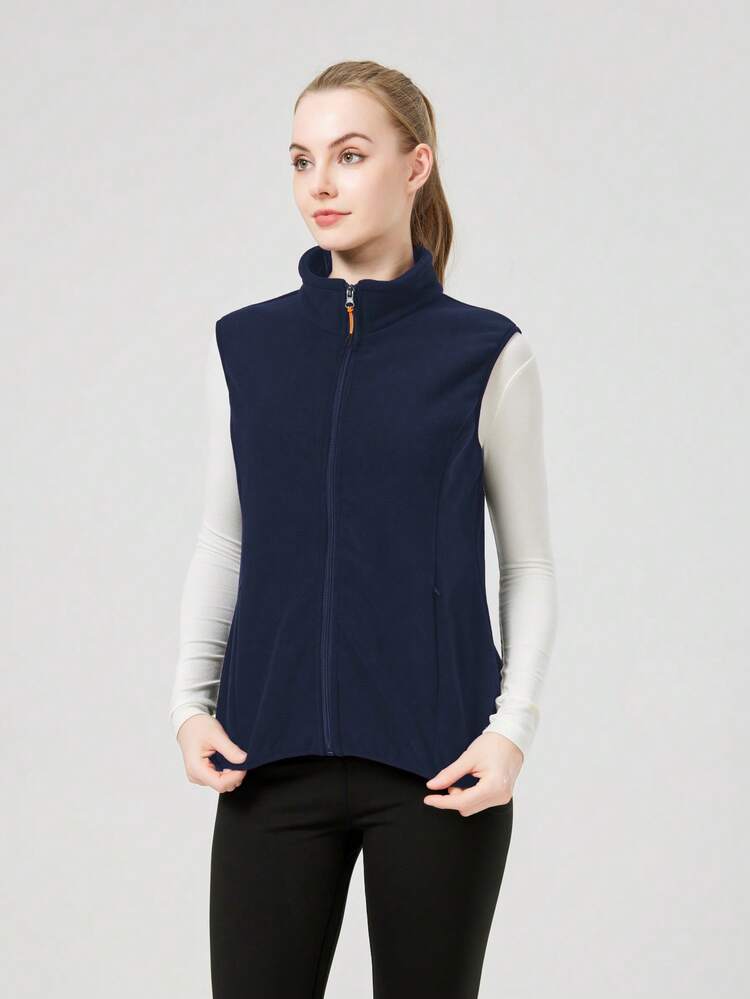 女士户外运动背心外套，春季/户外/冬季款，隐形拉链，腰部收紧，修身剪裁，抓绒面料 - 藏蓝色 - 查看 2