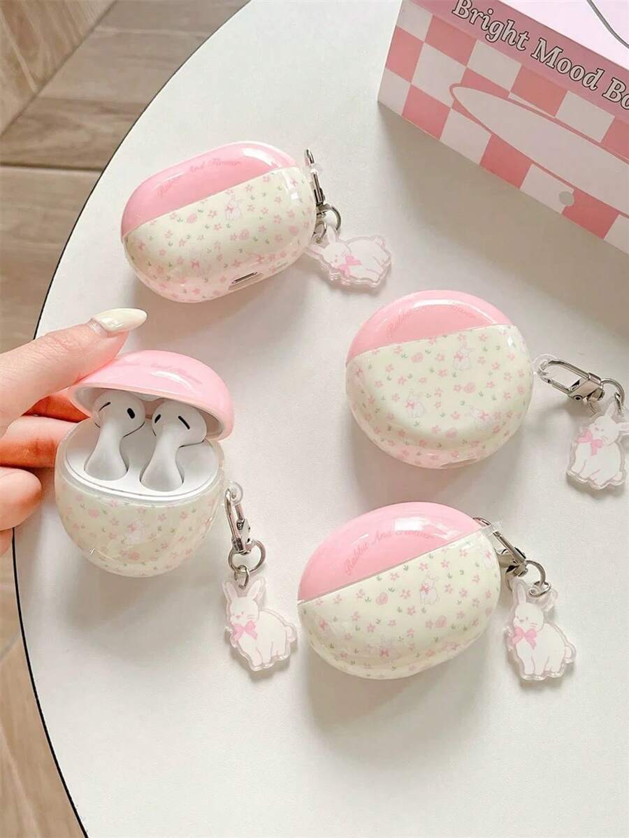 Elegant Floral Rabbit Design Protective Case For Freebuds Pro 3/Pro 4, Freebuds 4/4e Bluetooth Earphone, Freebuds 5i, Freebuds 5, Freebuds SE 2, Freebuds 6i, Soft And Anti-Drop - Pink - View 1