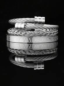 3 Stücke/Set hochwertiges vielseitiges Herren Armband aus Edelstahl mit römischen Ziffern und geflochtener, verstellbarer Passform